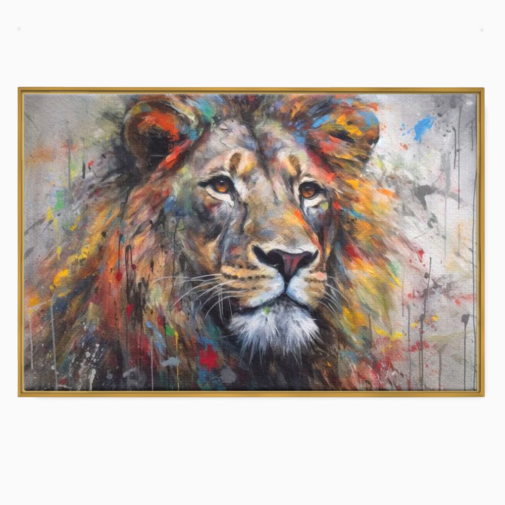 Tablou canvas cu tablou canvas cu leu colorat, in rama de aluminiu auriu
